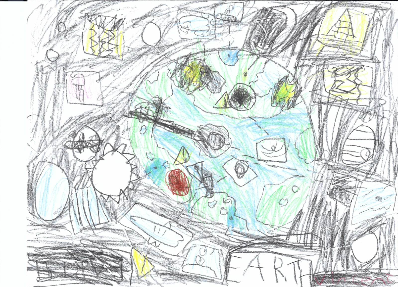Vincent’s original crayon drawing of a blue and green Earth surrounded by planets and small sketches.