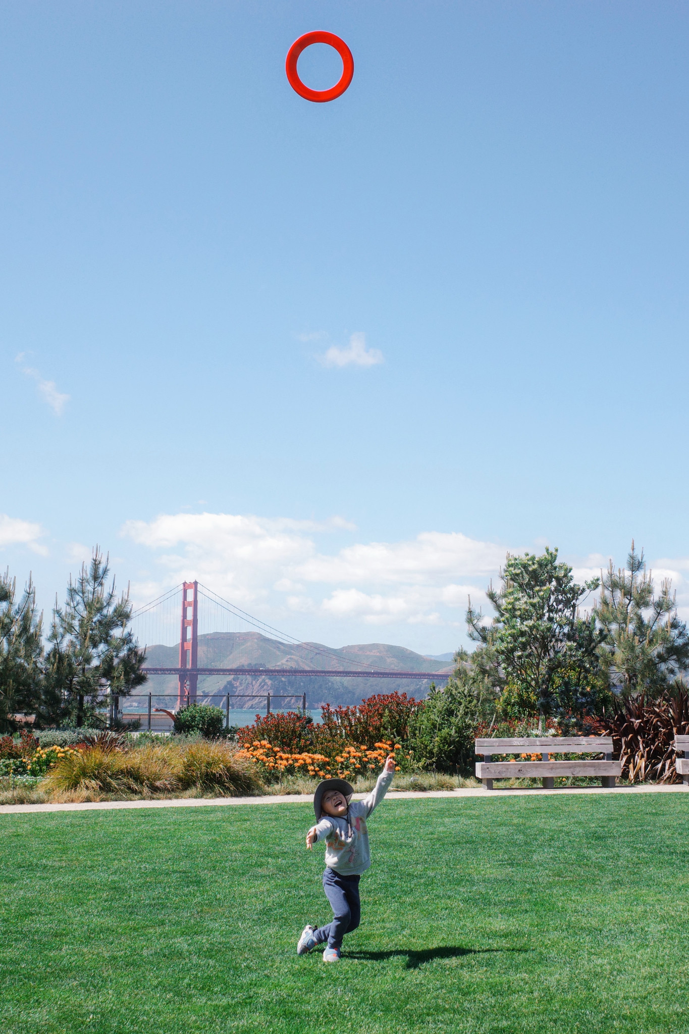 Original photo of a child tossing a red ring on a lawn beside the Golden Gate Bridge.