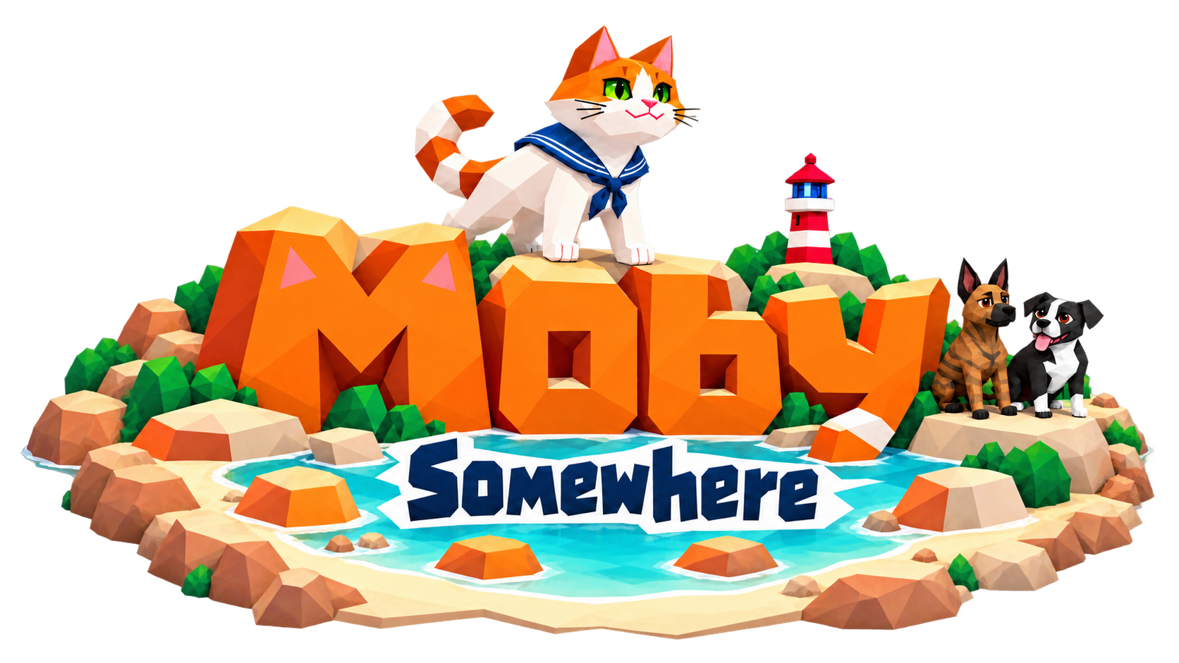 Moby Somewhere. Moby in a navy sailor collar, with Sudo and Odie in a sunlit coastal world.
